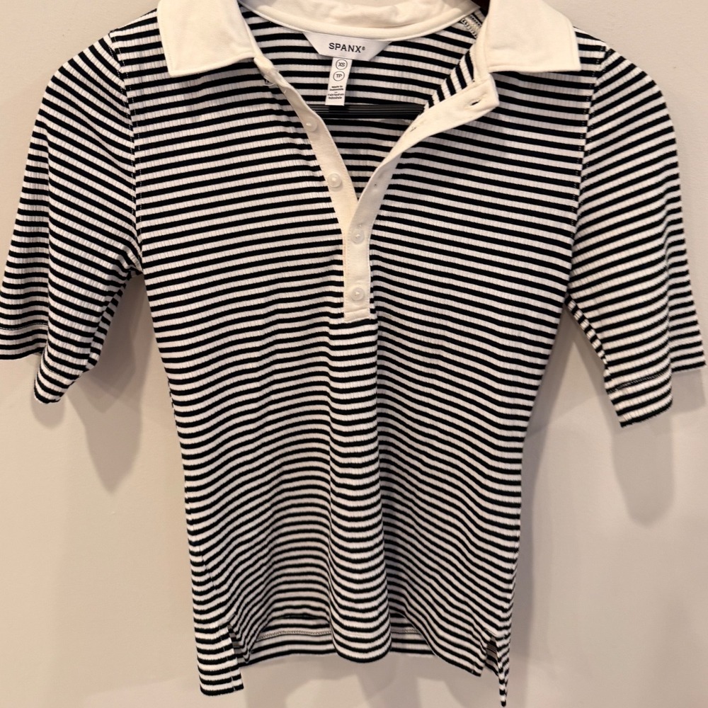 Spanx Women XS Black White Striped Ribbed Polo Shirt Short Sleeve 21030R